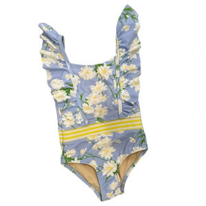Shade Critters Floral Blue and Yellow One Piece Swimsuit Ruffle Sleeve